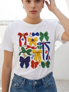 Colorful Bow Print Tee - Multicolor Bows